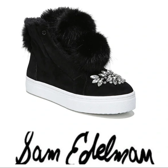 💕 Sam Edelman Black Fur Leland Sneakers - Picture 2 of 9